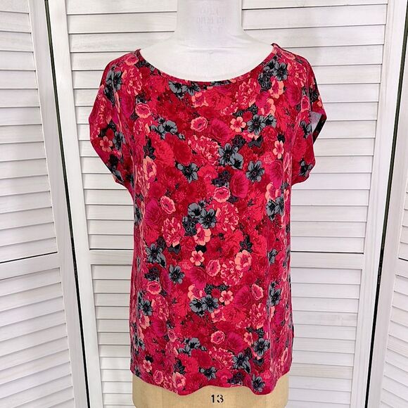 Talbots Plus 1X Top Tee Floral Cap Sleeve Red Pink - Picture 3 of 10